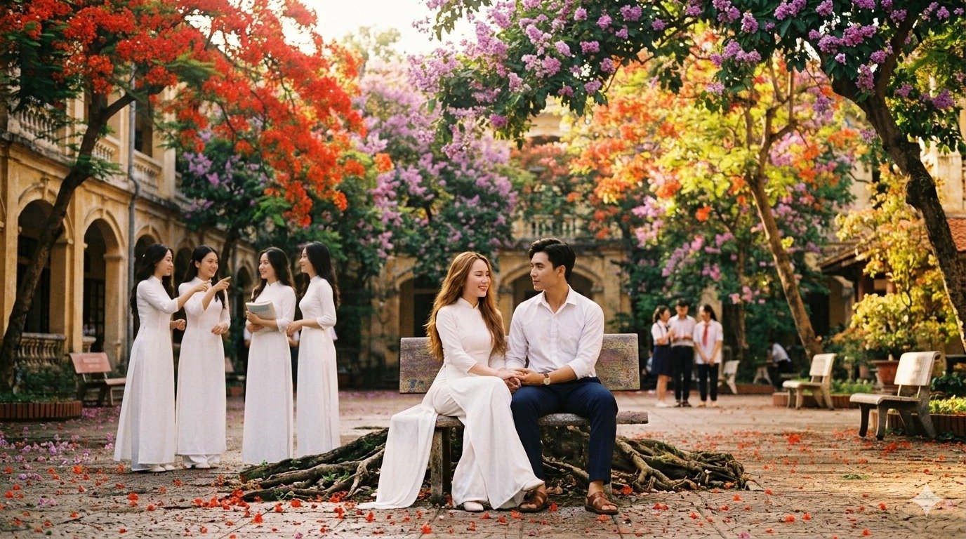 Sân trường dưới tán phượng vĩ và bằng lăng
